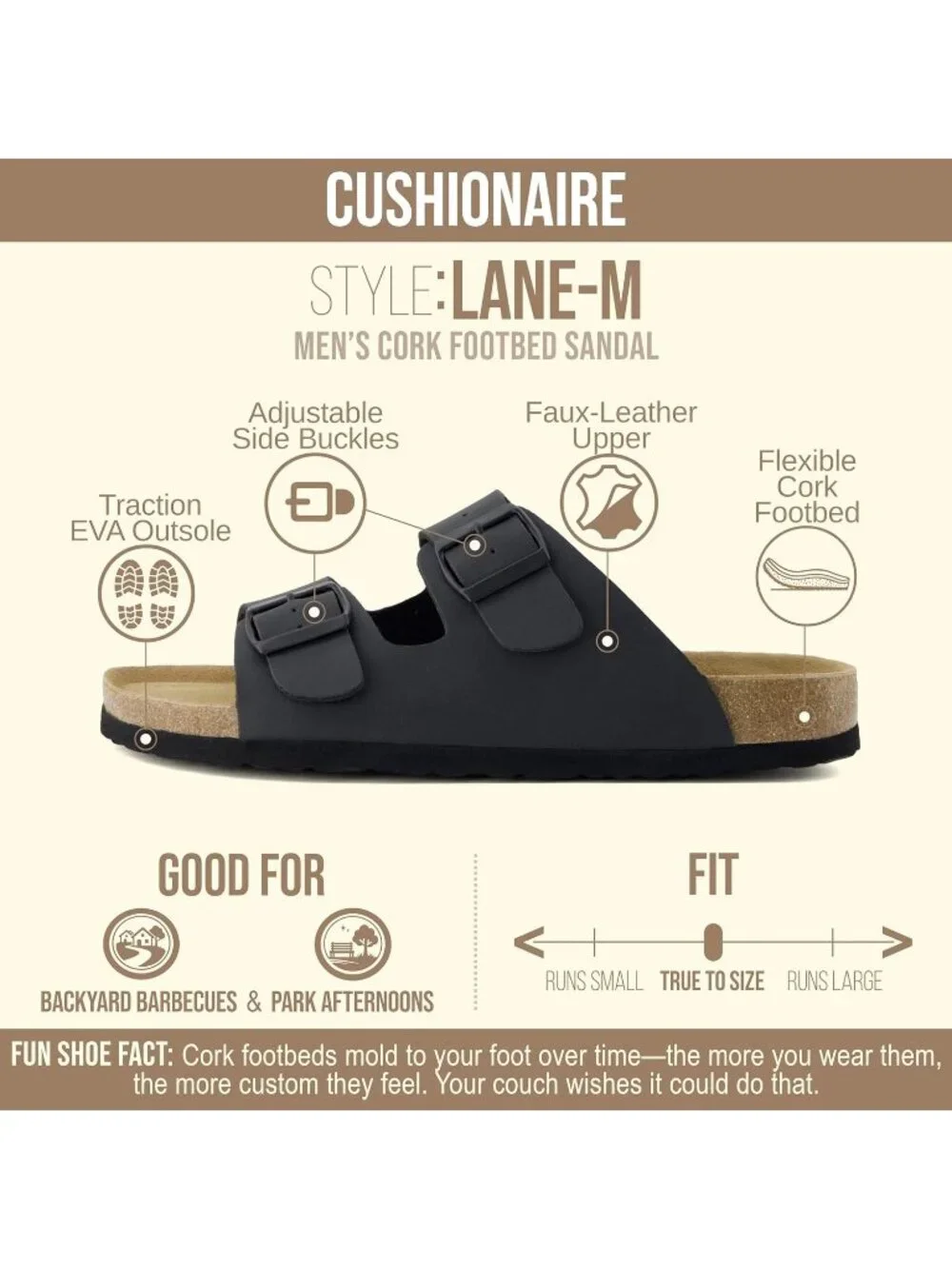 Men's Black Nappa Lane Cork Footbed Sandals Adjustable Buckle Comfort Slides
